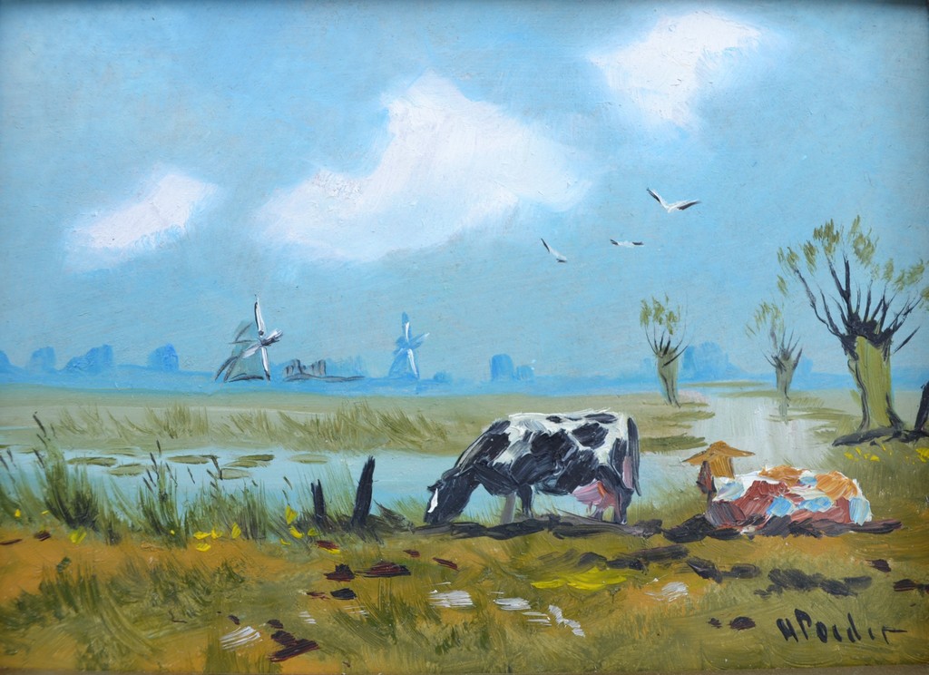 Henk Poeder (1964) - Olieverf op paneel - Hollands landschap met koeien verkocht voor € 91!