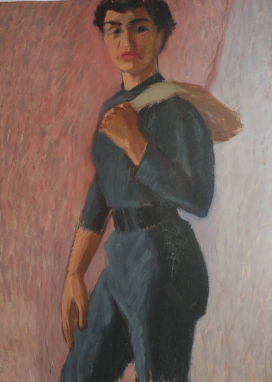Karel Timmerman - Groot acrylverf op karton - Vrouw in broek-pak kopen? Bied vanaf 20!