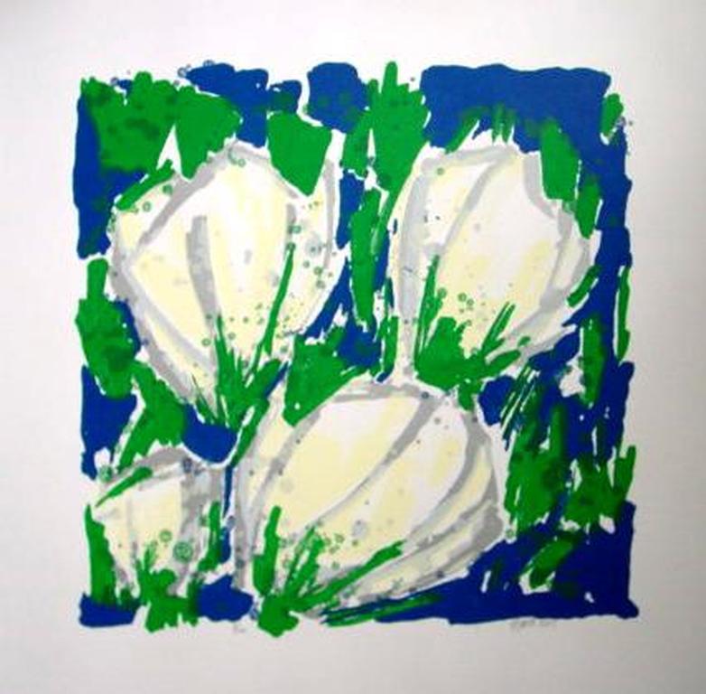 AD VAN HASSEL, grote handgesigneerde zeefdruk: 4 Tulpen Wit (70x70) kopen? Bied vanaf 1!