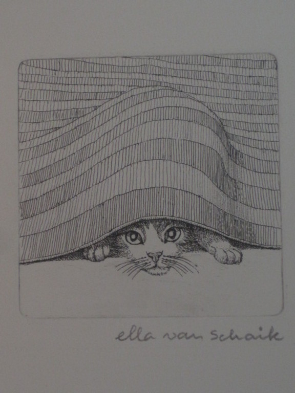 Ella van Schaik (1940-) karakteristieke ets "poes onder kleed" gesigneerd kopen? Bied vanaf 1!