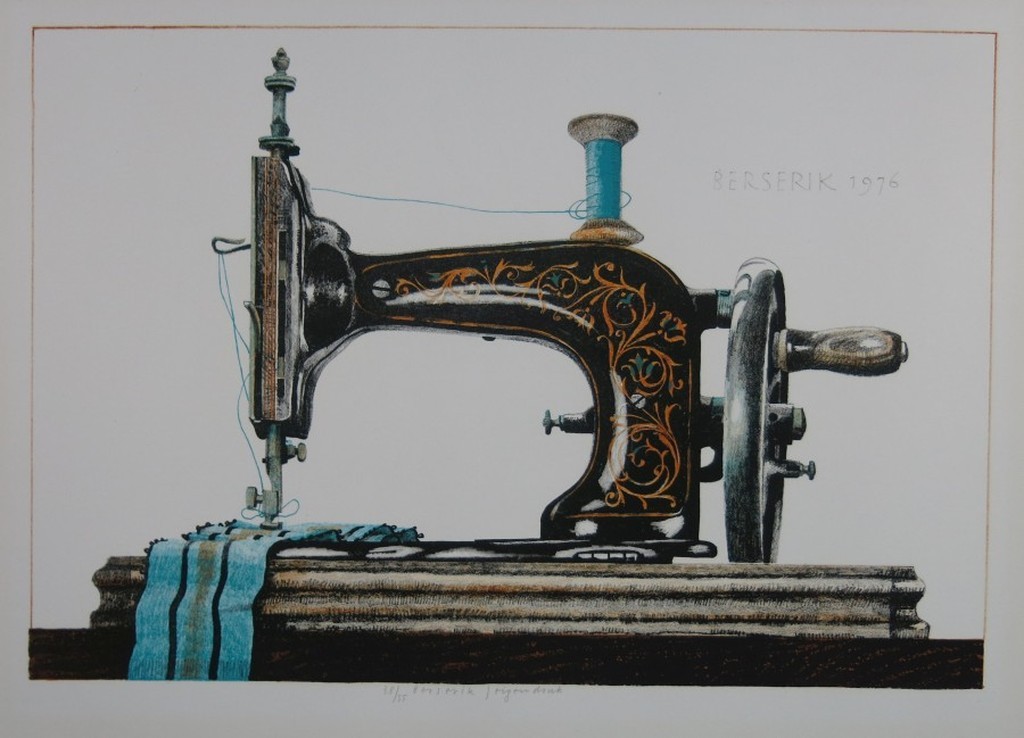 Herman Berserik. -Naaimachine-  Kleurenlitho 1976. Eigen druk. verkocht voor € 165!