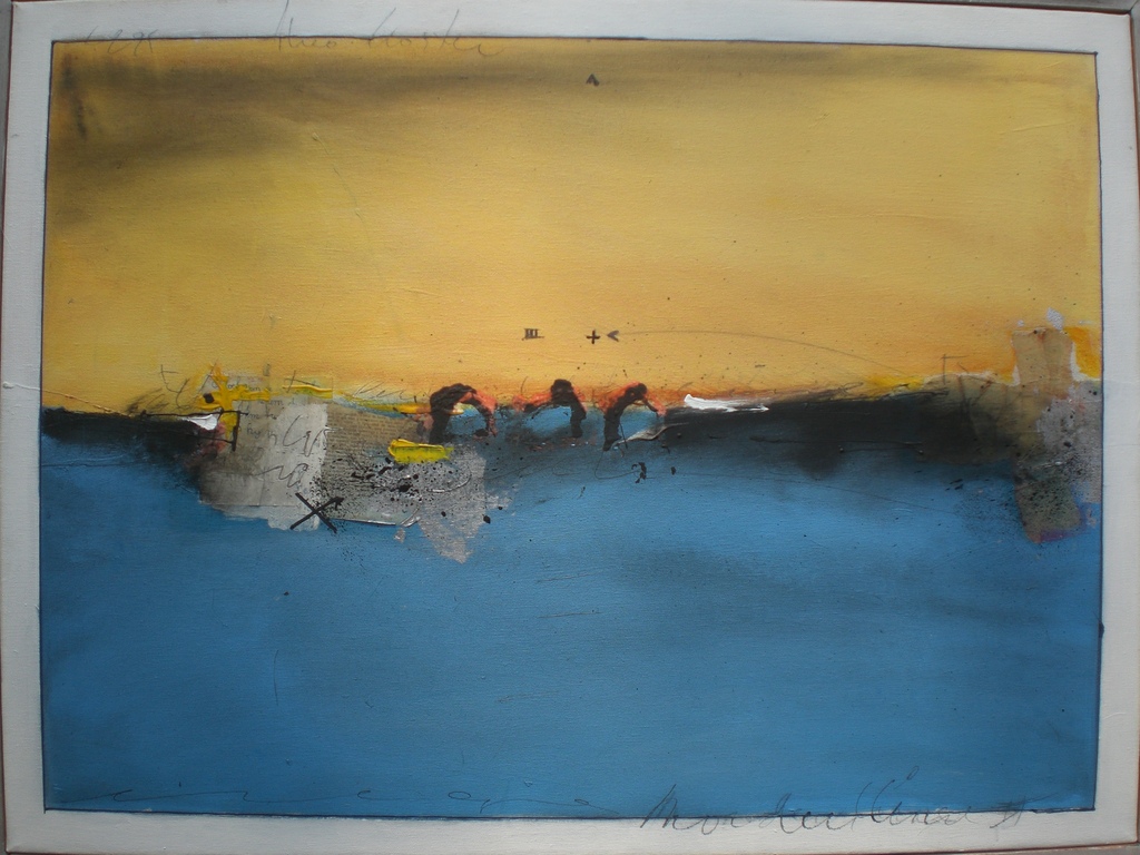 Theo Koster: Borderline II, gemengde techniek en collage op doek (ingelijst) verkocht voor € 340!