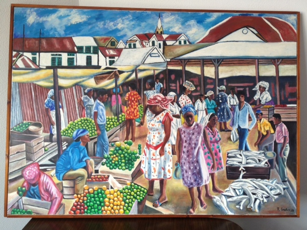 Frank Creton: Olieverf op doek (groot). Markttafereel verkocht voor € 550!