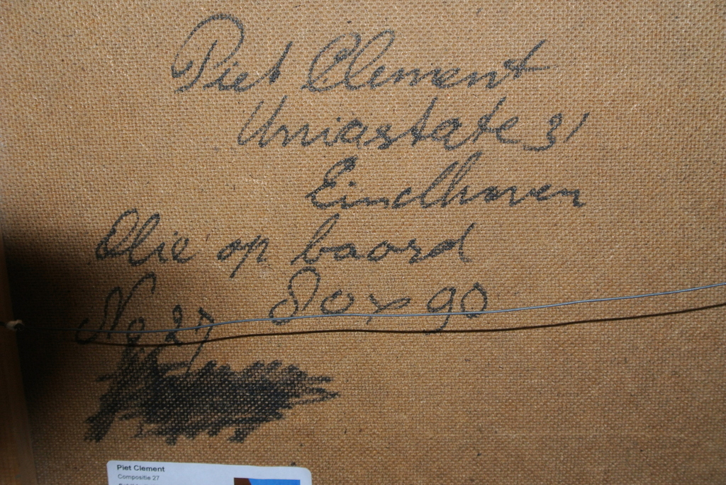 Piet Clement. - Compositie 27 - Olieverf op schildersboard. Gesigneerd. 1987. kopen? Bied vanaf 129!