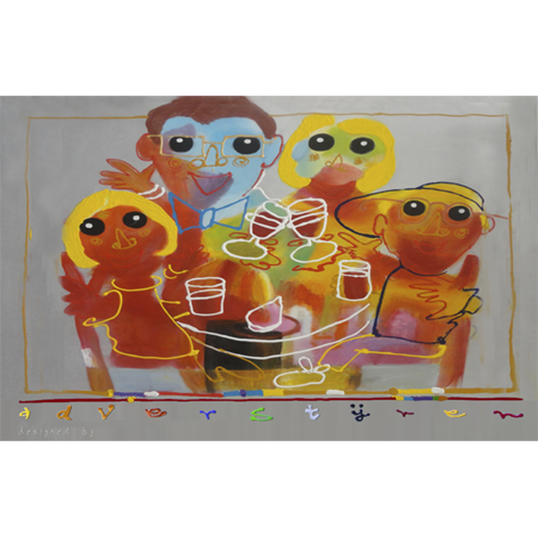 AD VERSTIJNEN, groot schilderij: acrylverf op linnen 'Aan tafel' (90x140 cm.)' verkocht voor € 325!