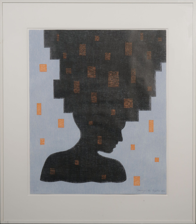 Jacomijn den Engelsen: Houtsnede, Afro (blauw) - Ingelijst verkocht voor € 60!
