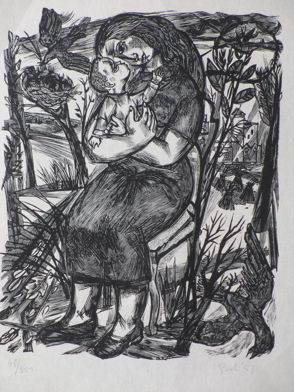 Lou Strik, Moeder en Kind, Houtgravure verkocht voor € 35!