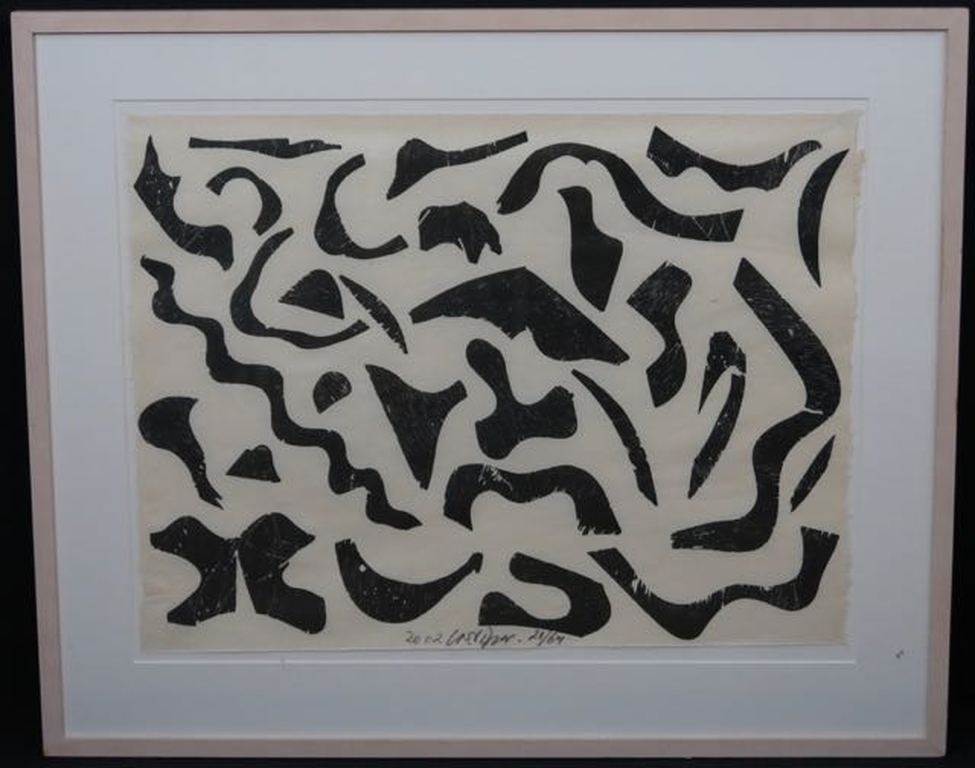 Carel Visser: Houtsnede, Zonder titel (zwart) -Ingelijst verkocht voor € 150!
