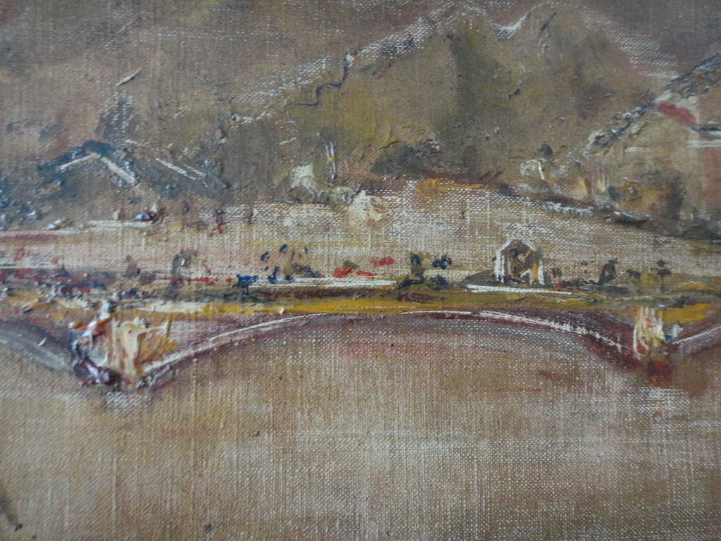 Teun Gijssen - olieverf op doek - zicht op Zwitserse stad aan rivier kopen? Bied vanaf 1!