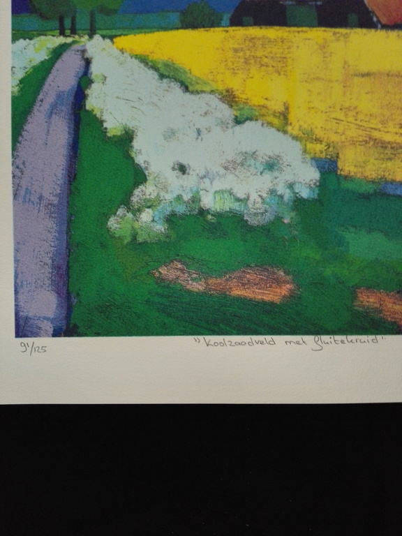 Jentsje Popma, zeefdruk op papier, Titel: koolzaadveld met fluitekruid kopen? Bied vanaf 75!