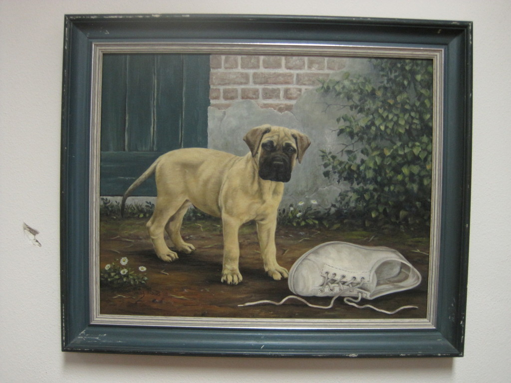 Marina Radius (1953-) "boxer pup met schoen" olieverf op doek 1992  kopen? Bied vanaf 70!