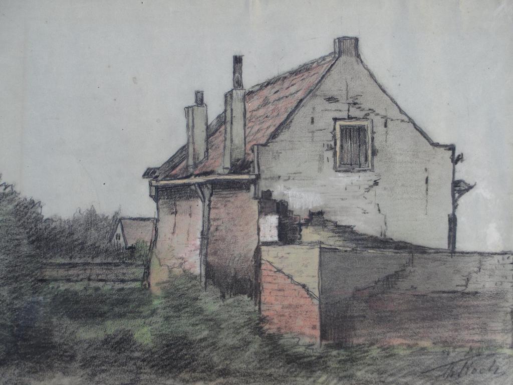 Theodor Koch, Crayon- krijttekening, Veere verkocht voor € 40!