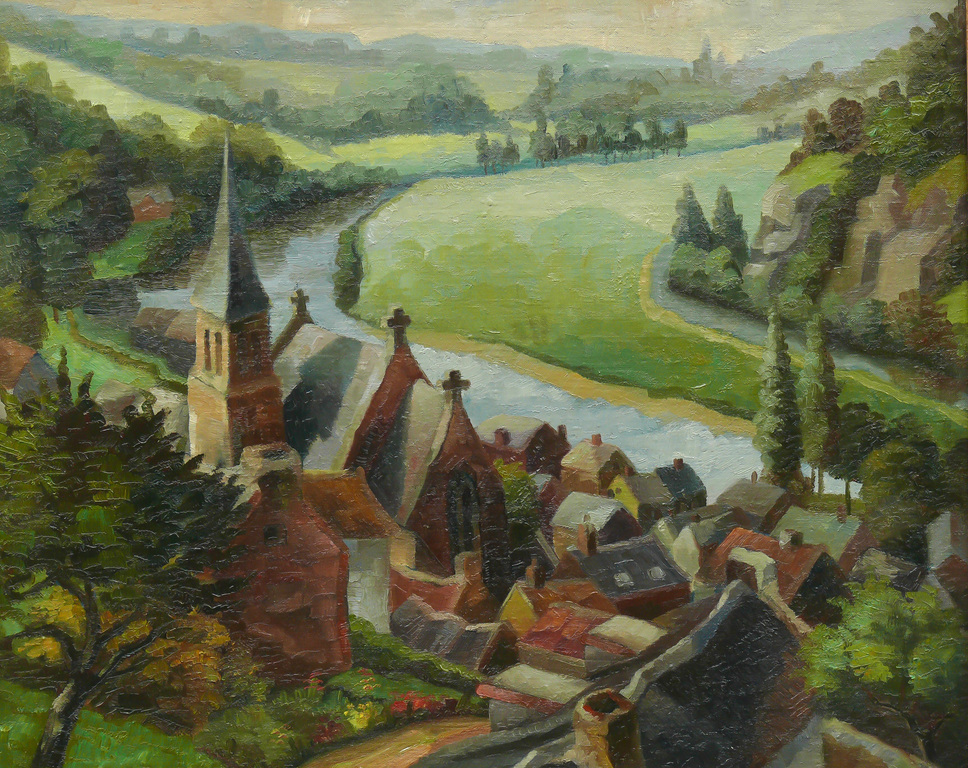 Theo Groeneveld: olieverf, Dorp aan de Ourthe kopen? Bied vanaf 129!