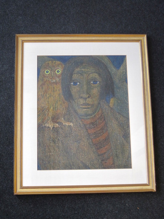 Ger Langeweg 1891-1970 aquarel "Man en uil " gesigneerd 1950  verkocht voor € 55!