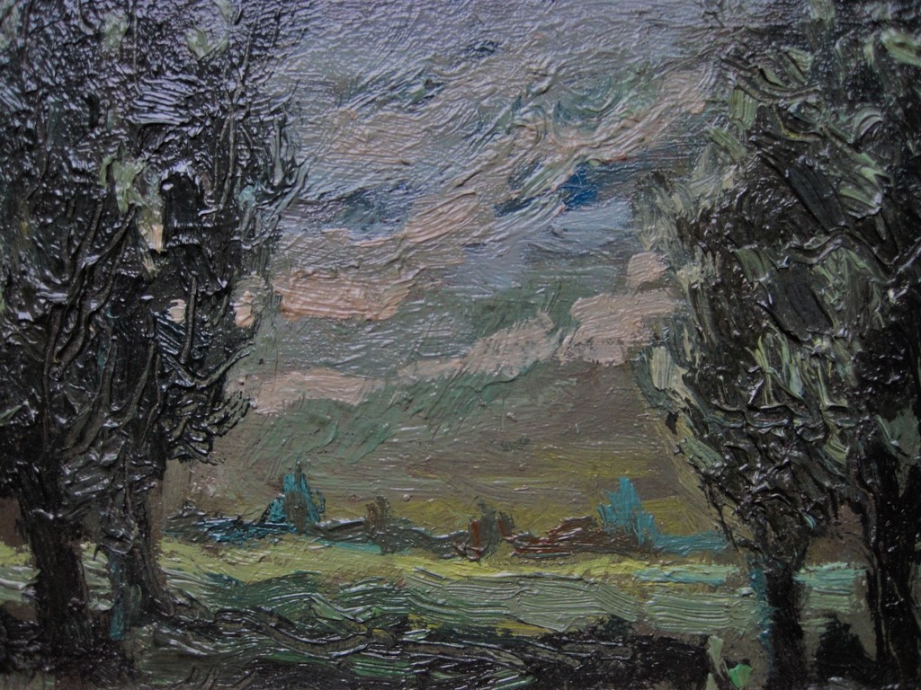 Prachtig ca 1920 impressionistisch olieverf "dorp tussen bomen" ges. H. Kru...r verkocht voor € 50!