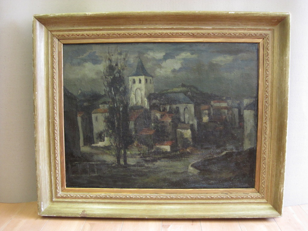 Conrad Kickert 1882-1965 groot olieverf "Dorp met Kerk" ca. 1910  verkocht voor € 420!