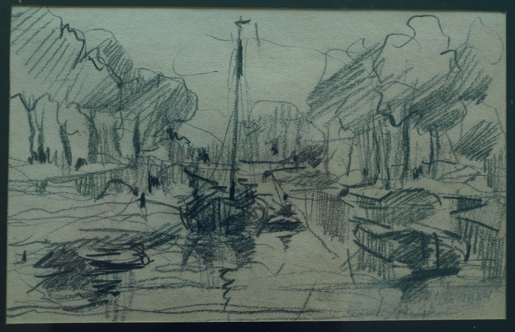 Onduidelijke signatuur : Tekening ,  Haarlem – ingelijst - 1924 kopen? Bied vanaf 1!