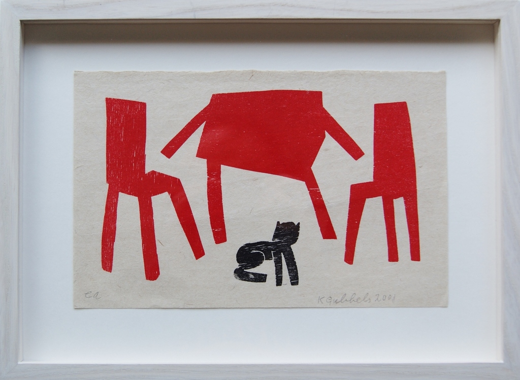 Klaas Gubbels houtdruk 'Interieur met poes' - 2001 verkocht voor € 350!