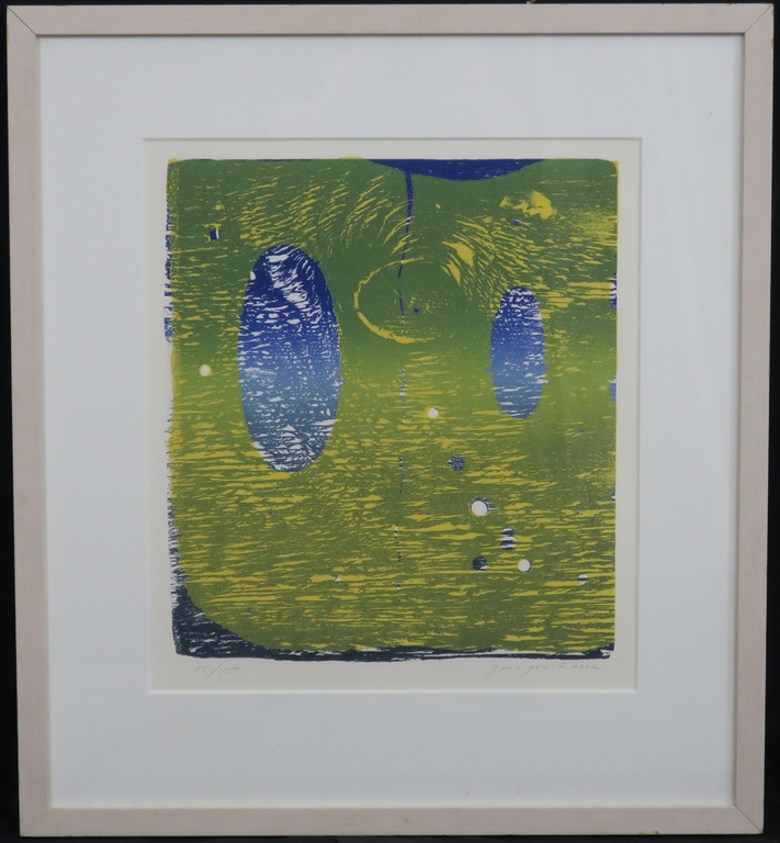 Joris Geurts: Houtsnede, Zonder titel (geel/blauw) - Ingelijst verkocht voor € 45!