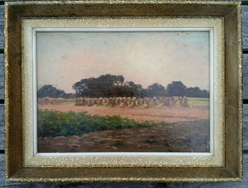 Evert Rabbers. Olieverf op board. Korenveld in avondrood. kopen? Bied vanaf 175!