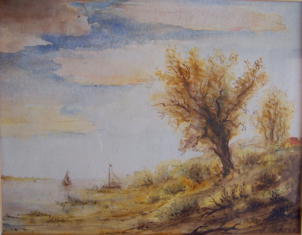 JOHANNES BAKKER (1879-1944) Aquarel van Riviergezicht met Boten. Gesigneerd kopen? Bied vanaf 50!