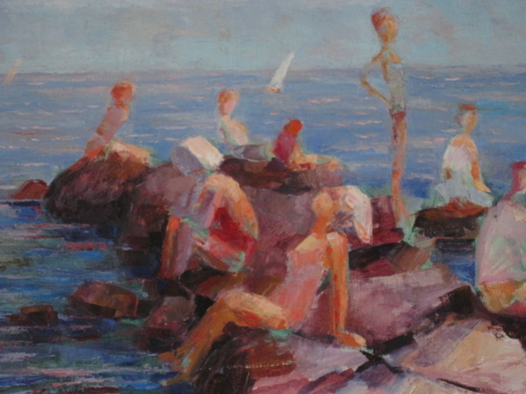 kleurrijk olieverfschilderij "zwemplezieraan de kust" onduidelijk gesigneerd  verkocht voor € 75!