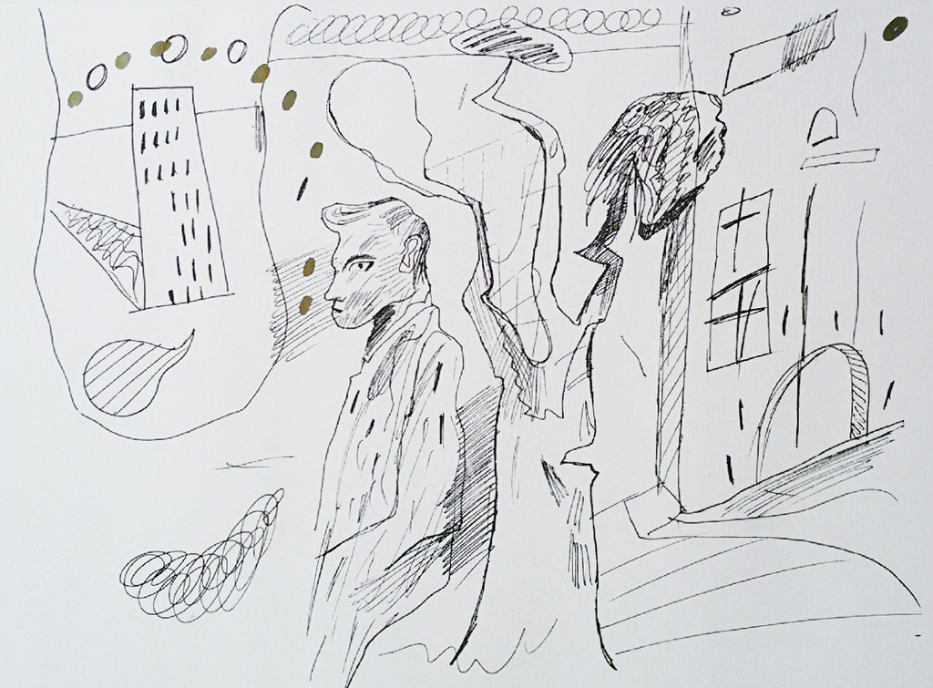 John van ‘t Slot - Man in stadslandschap, met de hand ingekleurde ets verkocht voor € 35!