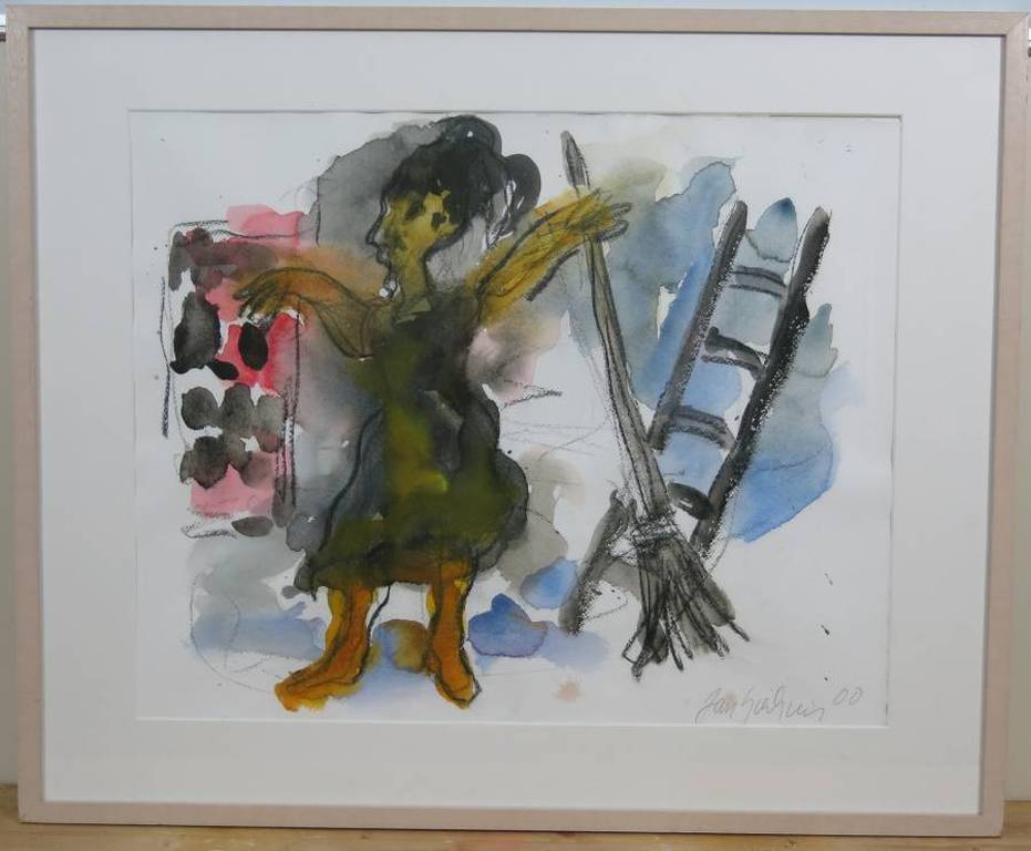 Jan Sierhuis: Aquarel, Assepoester met bezem - Ingelijst kopen? Bied vanaf 200!