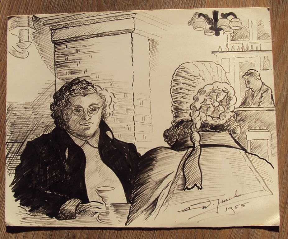 Willem Jurcka (1905-1963), pentekening,  cafebezoek kopen? Bied vanaf 10!