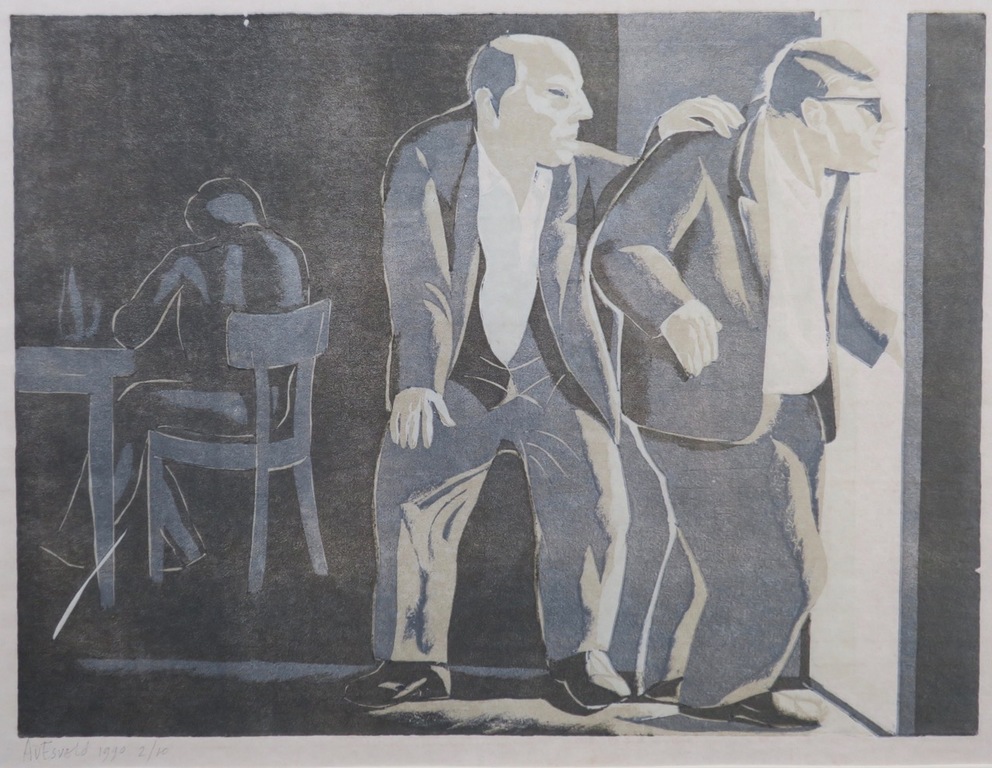 Adriaan van Esveld: Houtsnede op Rijstpapier, Nachtbrakers - Ingelijst kopen? Bied vanaf 20!