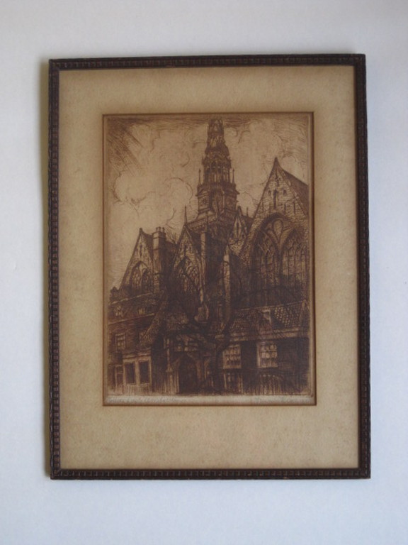 Mooie gesigneerde antieke Ets "Oude Kerk Amsterdam" van Francois J. Kloek  kopen? Bied vanaf 1!