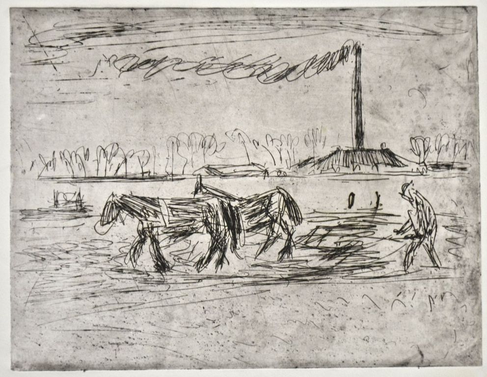 Jan Altink: Ets/aquatint. Ploeger voor twee paarden verkocht voor € 50!
