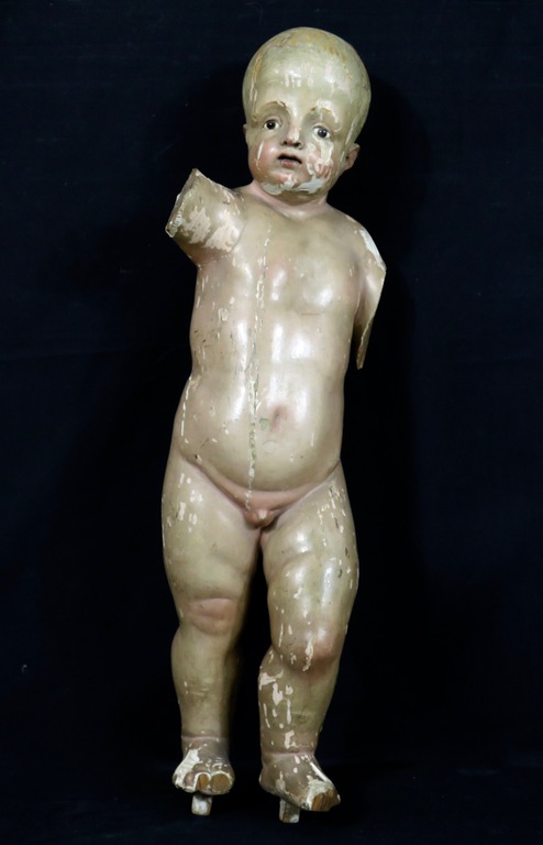 18e Eeuws sculptuur: Gestoken hout, polychroom beschilderd met glazen ogen verkocht voor € 150!