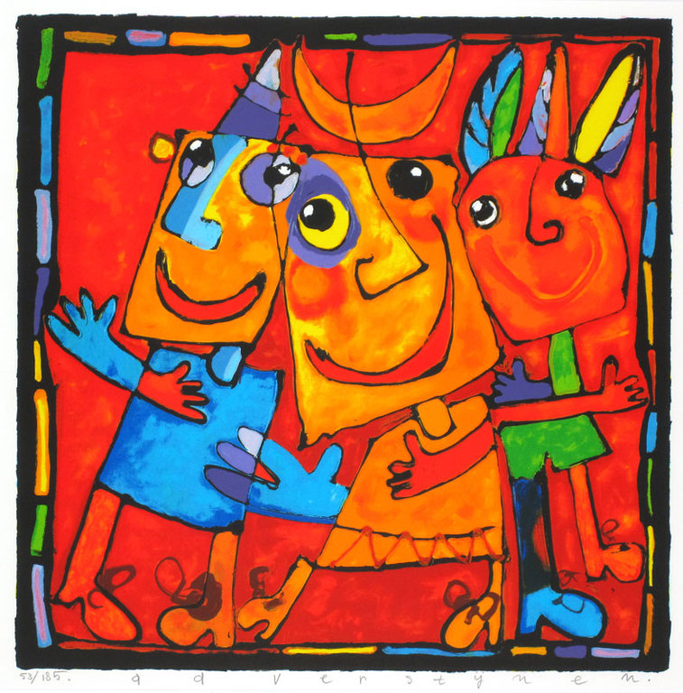 Ad Verstijnen, zeer kleurrijke en fraaie zeefdruk ''Indianenverhalen'' (Gelijst) verkocht voor € 175!