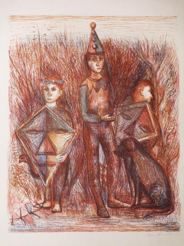 Kees Andrea, Drie narren met hond, Kleurenlitho kopen? Bied vanaf 30!