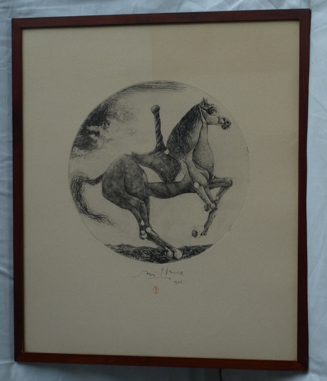 Onbekend : Ronde ets , Paard – gesigneerd & ingelijst – 1976 kopen? Bied vanaf 75!