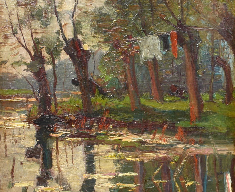 Charles Dankmeijer, Waterrijk landschap met knotwilgen en drogende was. kopen? Bied vanaf 450!