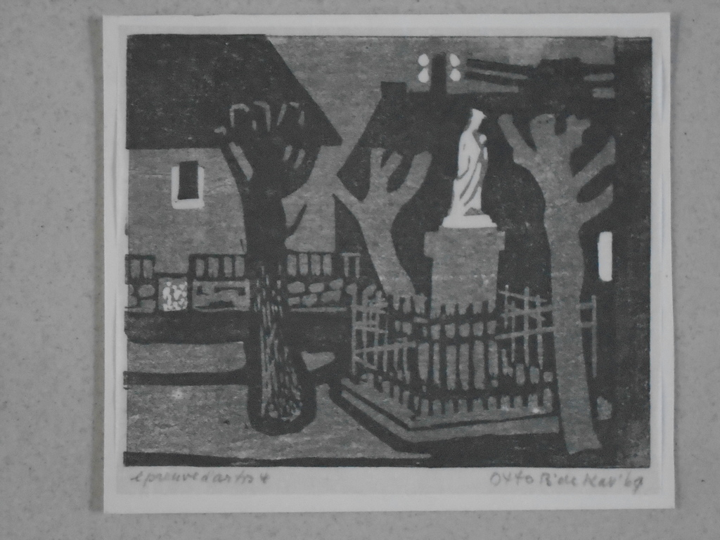 Otto B. de Kat - kleurenlinosnede - Dorpsplein St. Hippolyte verkocht voor € 65!