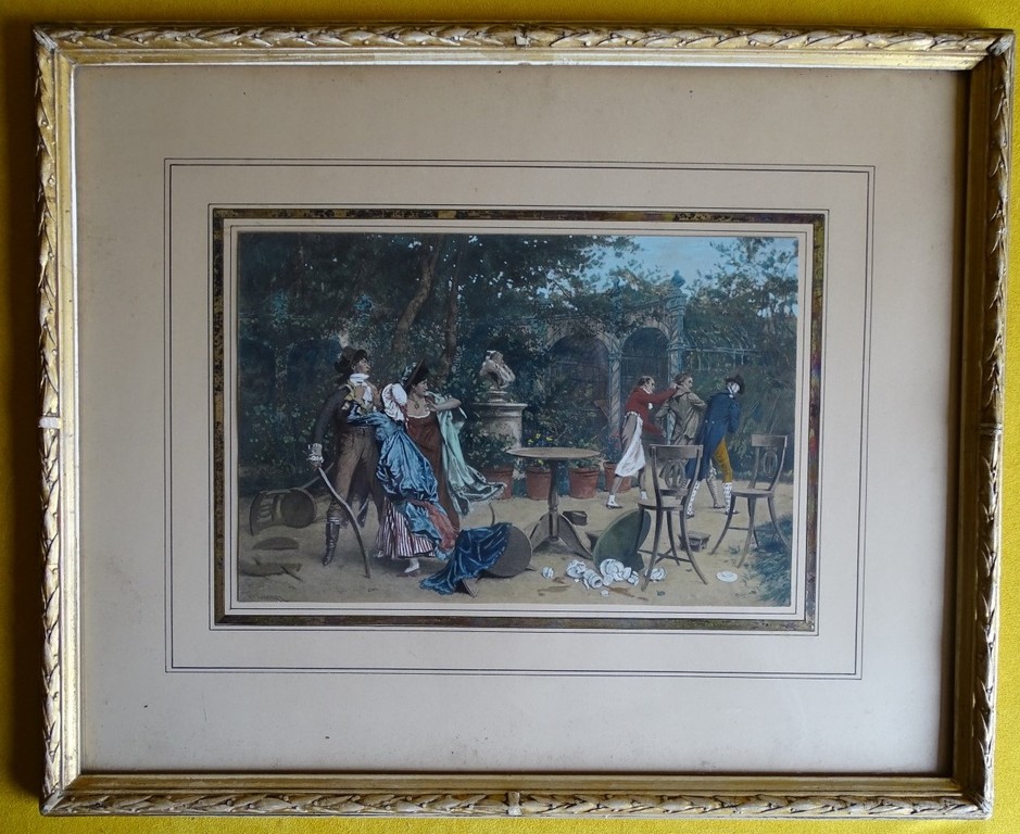 Naar Frederick Hendrik Kaemmerer (1839-1902), ingekleurd gravure, Ruziënde heren kopen? Bied vanaf 10!