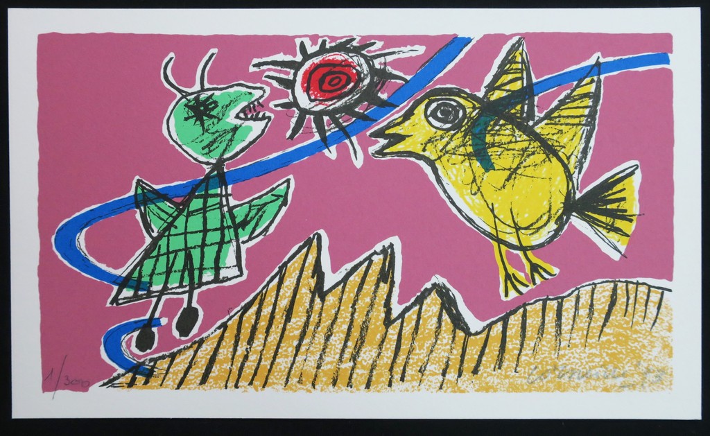 Corneille: Zeefdruk, Z.T. Groen figuur en gele vogel verkocht voor € 55!