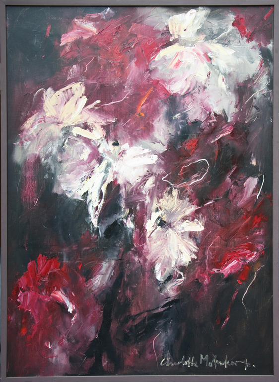 Charlotte Molenkamp, olieverf op doek, Bloemen in beige en aubergine verkocht voor € 2750!