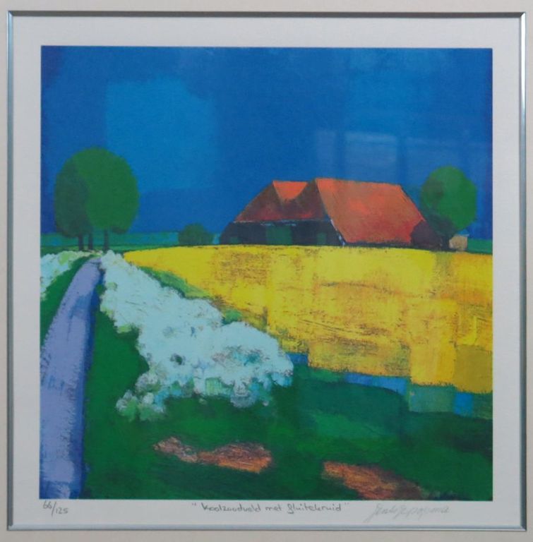 Jentsje Popma: Zeefdruk, Koolzaadveld met Fluitekruid - Ingelijst verkocht voor € 150!