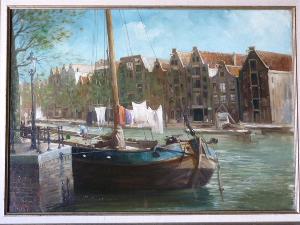 Carl August Streefkerk - olieverf - Schuit in Amsterdamse gracht. kopen? Bied vanaf 395!