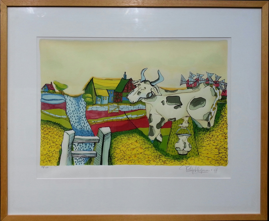 Patty Harpenau, zeefdruk met lijst , titel " Zondag" verkocht voor € 50!