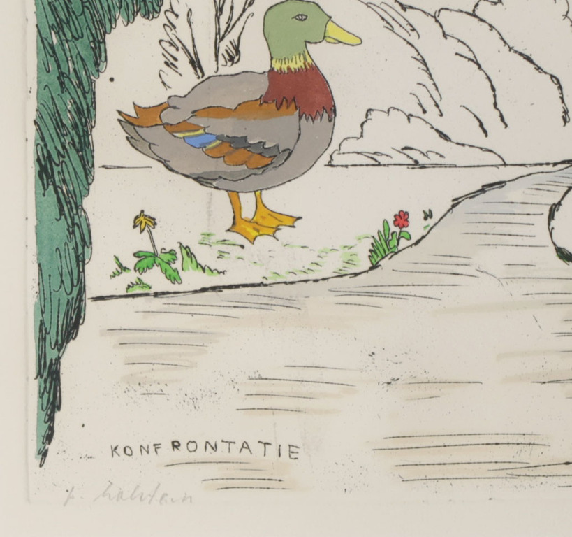 Pieter Holstein: Handgekleurde Ets, Konfrontatie - Ingelijst kopen? Bied vanaf 50!