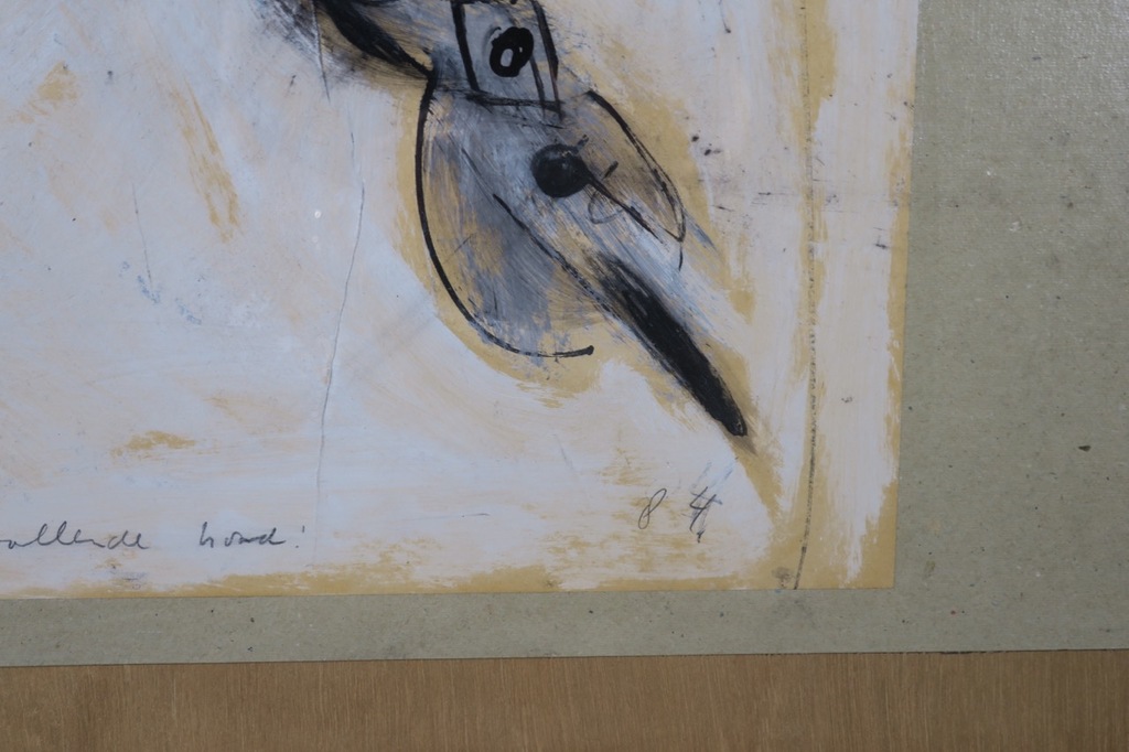 Johan Claassen: Acryl op papier, Uiteenvallende hond - Ingelijst kopen? Bied vanaf 150!