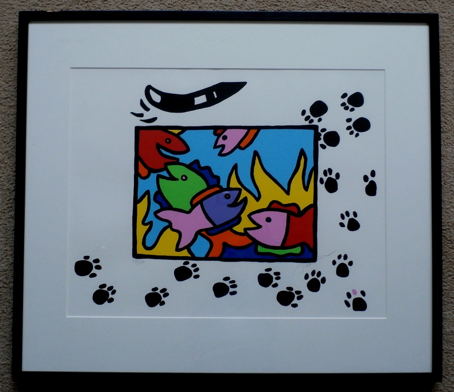 Shunyam, ingelijste zeefdruk: Fish and cat, handgesigneerd verkocht voor € 115!