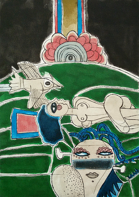 Corneille - Vrouwen, vogel en bloemenzon, aquatint ets (mooi ingelijst) verkocht voor € 250!