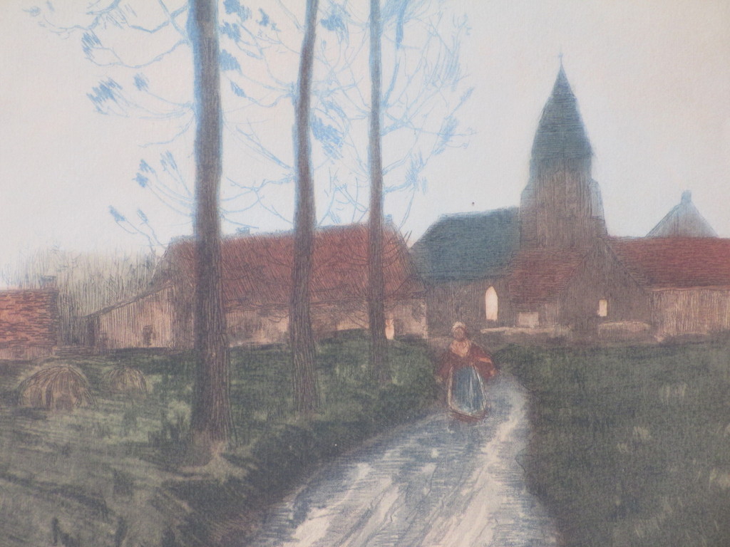 Louis-Etienne Dauphin - Louis-Etienne Dauphin, Hoeve en kerk bij avond, Kleurets kopen? Bied vanaf 40!