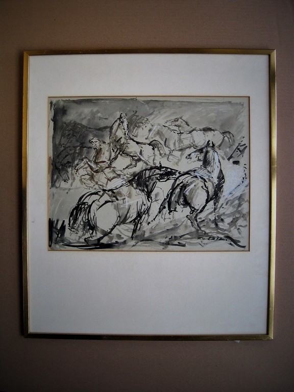 Mooie dynamische Gouache/Inkt "vluchtende paarden" gesigneerd Frits van Eeden   kopen? Bied vanaf 1!